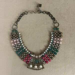 Elegant Statement Pink, Green & Pearl Beaded Necklace